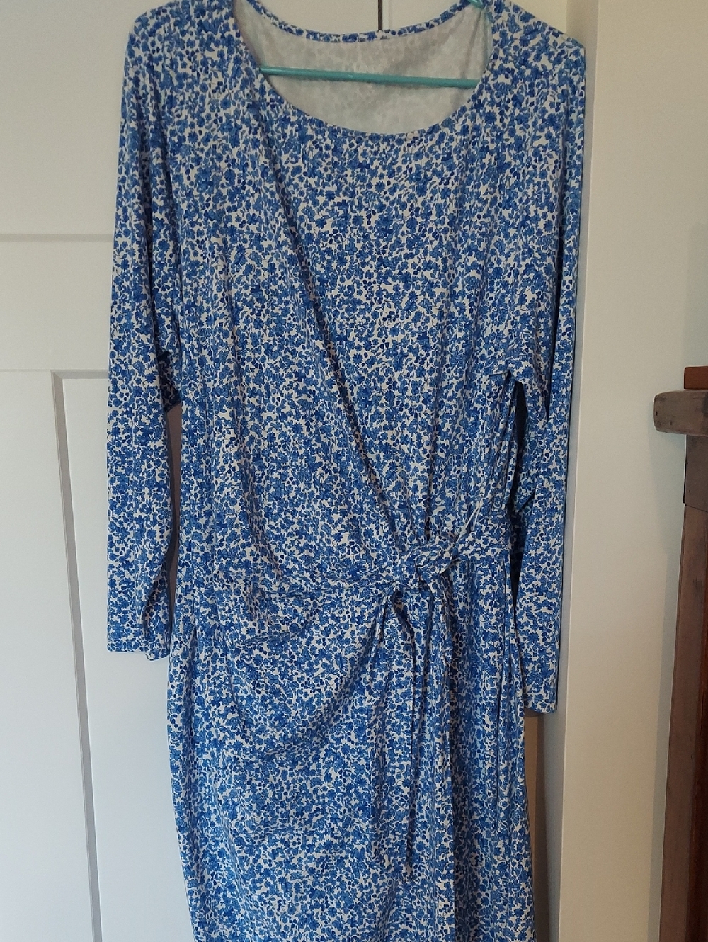 Lands' End Blue and White Long-Sleeve Tie-Front Dress